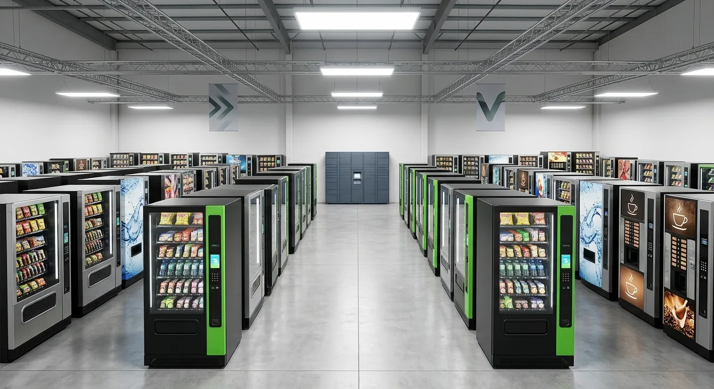 Almacén con filas de máquinas vending de snacks, bebidas y café listas para entregar